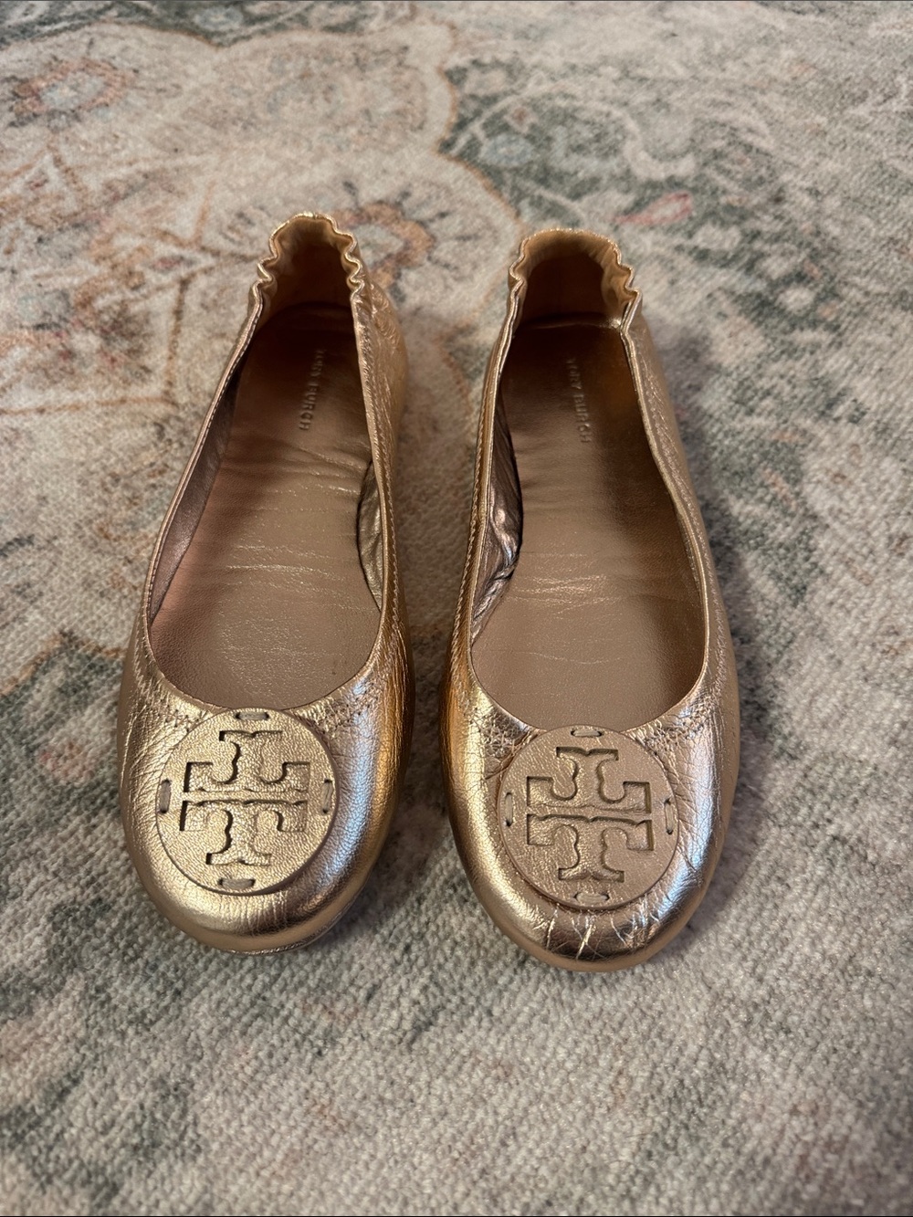 Tory Burch Rose Gold Logo-Emblem Ballet Flats
